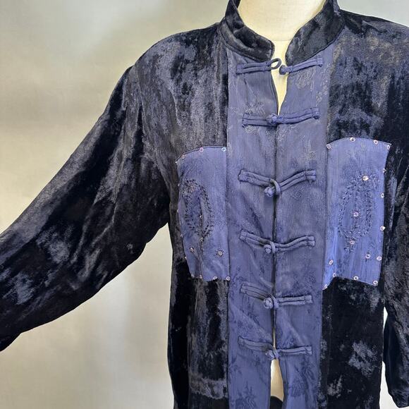 Lolette navy Rayon velour & jacquard mandarin collar tunic top size Large artsy - Picture 7 of 15